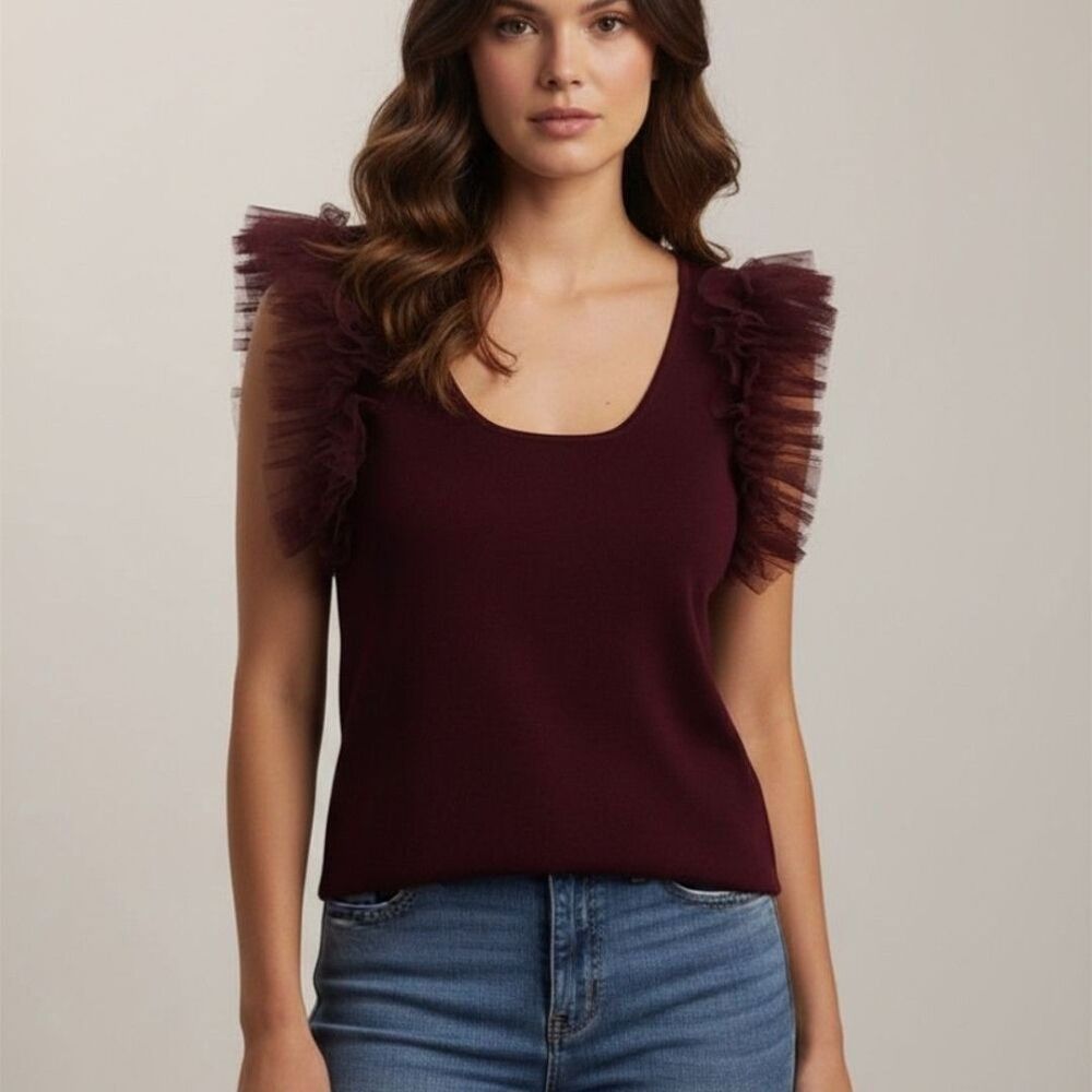 ARULA Burgundy Ruffle Tulle Shoulder Tank